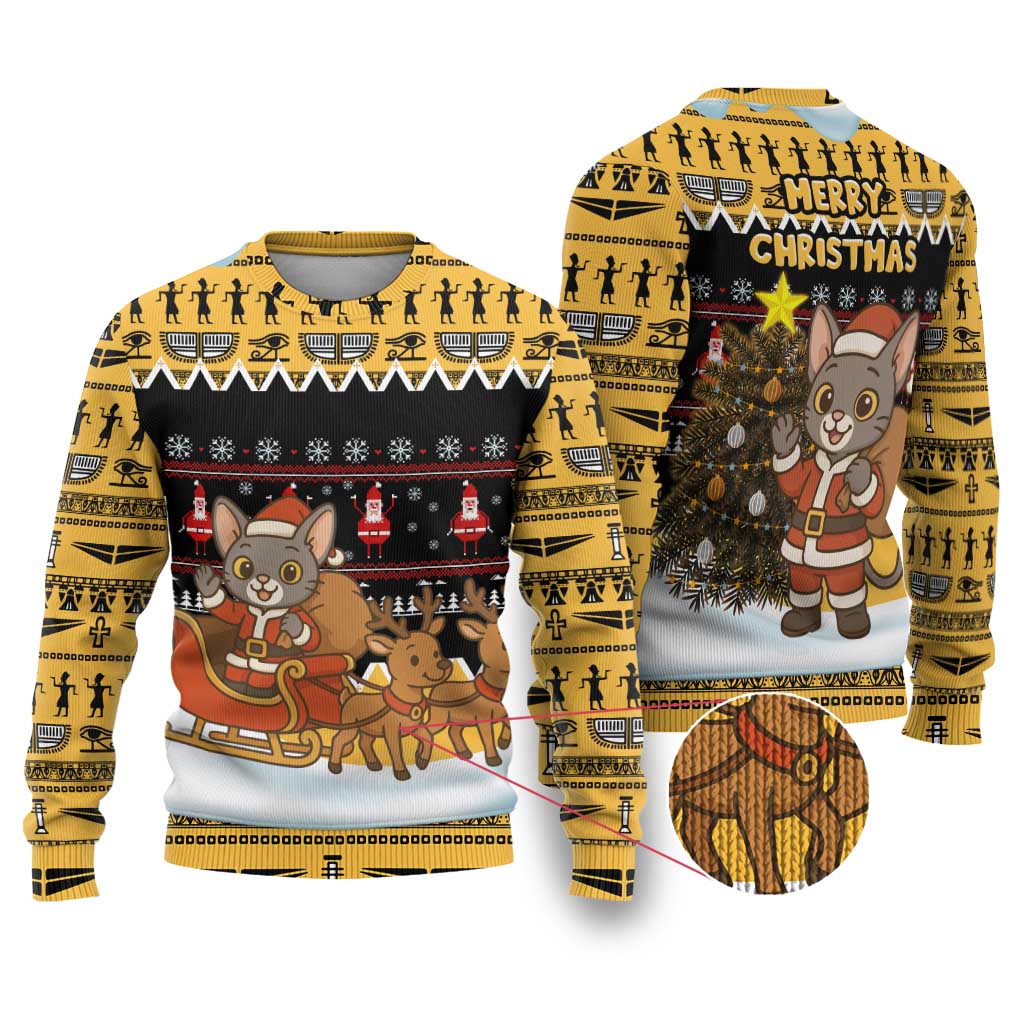 Egypt Christmas Ugly Christmas Sweater Santa Cat Sleigh Reindeer Christmas Tree and Ancient Hieroglyphic - African Pride