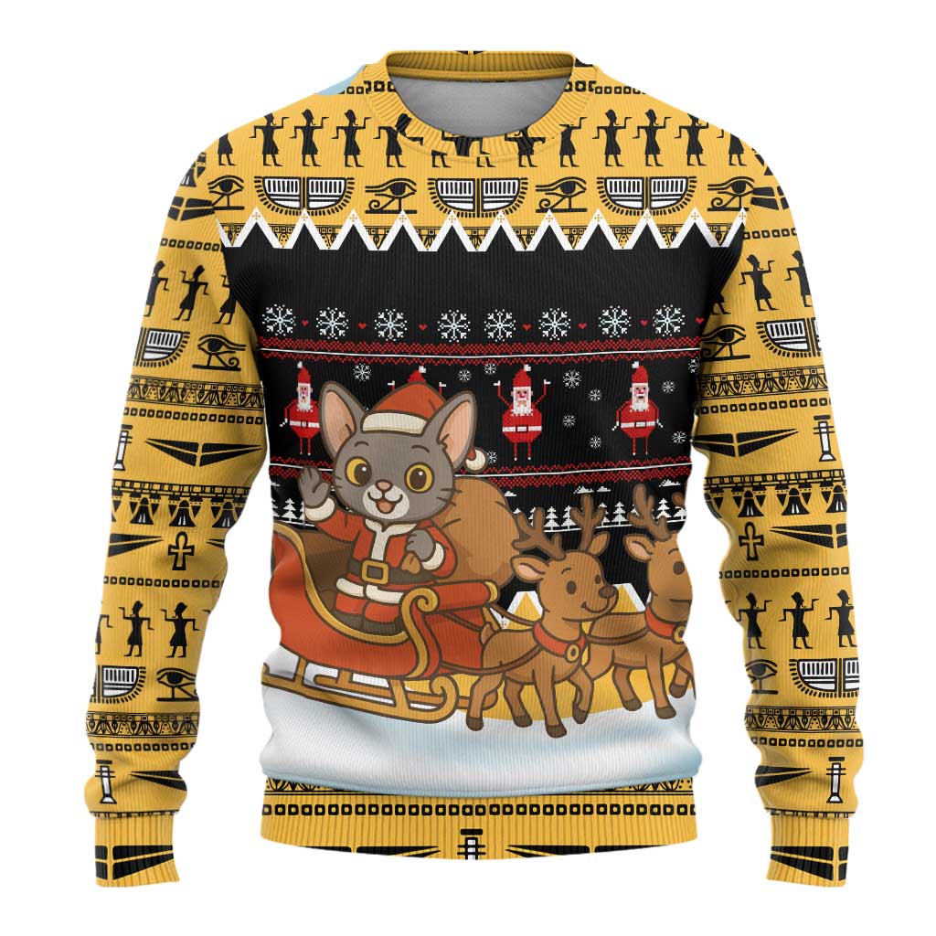 Egypt Christmas Ugly Christmas Sweater Santa Cat Sleigh Reindeer Christmas Tree and Ancient Hieroglyphic - African Pride
