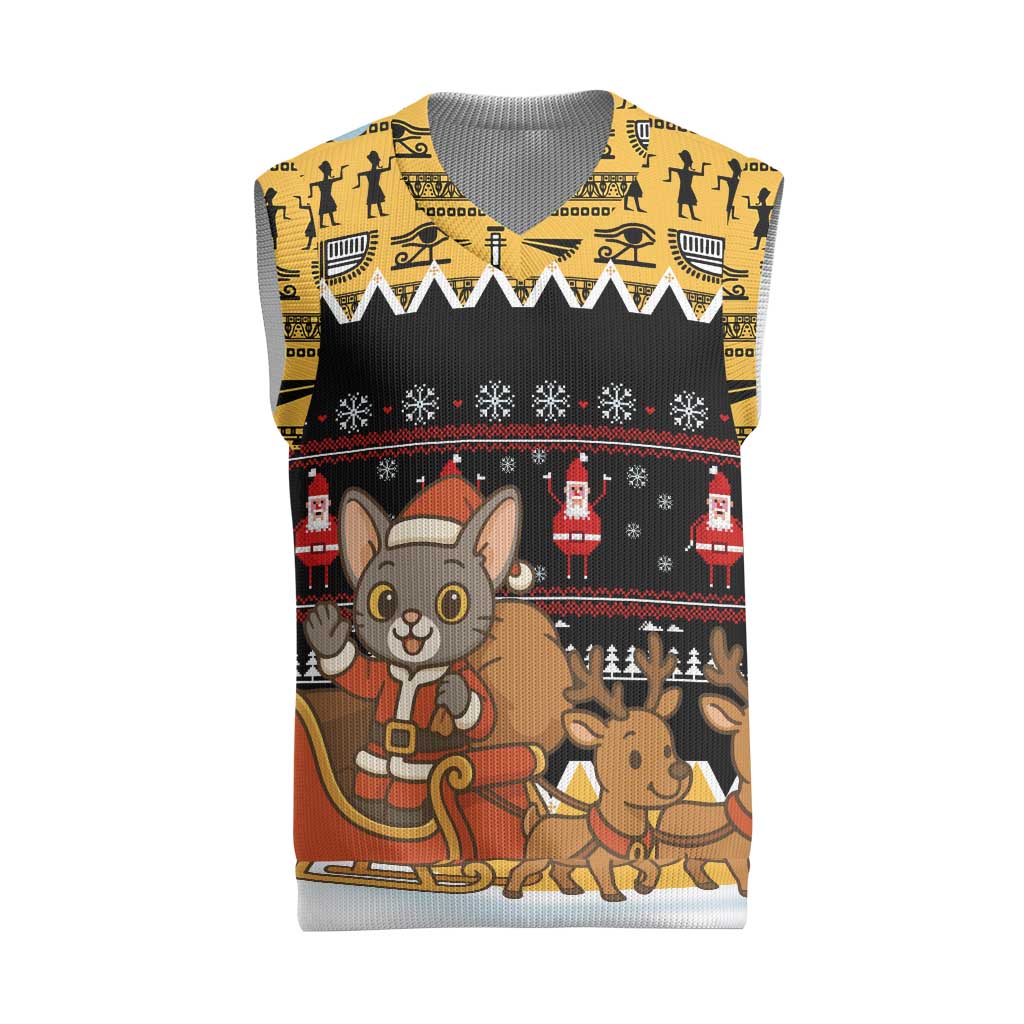 Egypt Christmas Knitted V-Neck Vest Santa Cat Sleigh Reindeer Christmas Tree and Ancient Hieroglyphic - African Pride