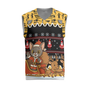 Egypt Christmas Knitted V-Neck Vest Santa Cat Sleigh Reindeer Christmas Tree and Ancient Hieroglyphic - African Pride