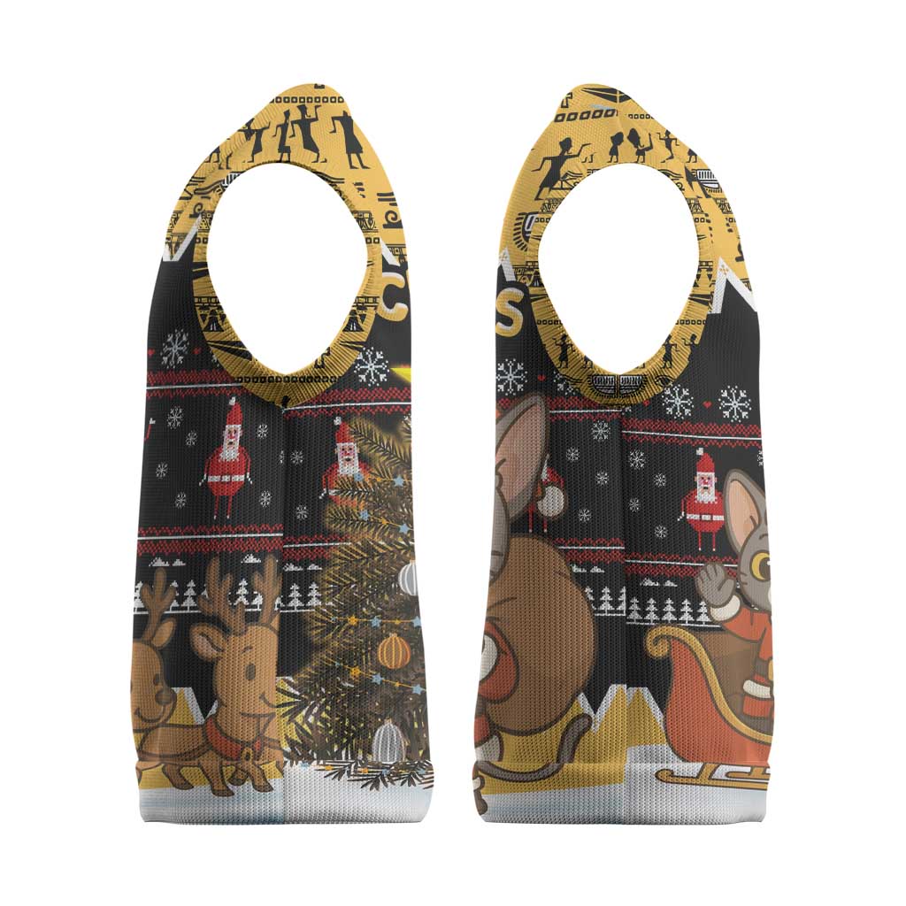 Egypt Christmas Knitted V-Neck Vest Santa Cat Sleigh Reindeer Christmas Tree and Ancient Hieroglyphic - African Pride