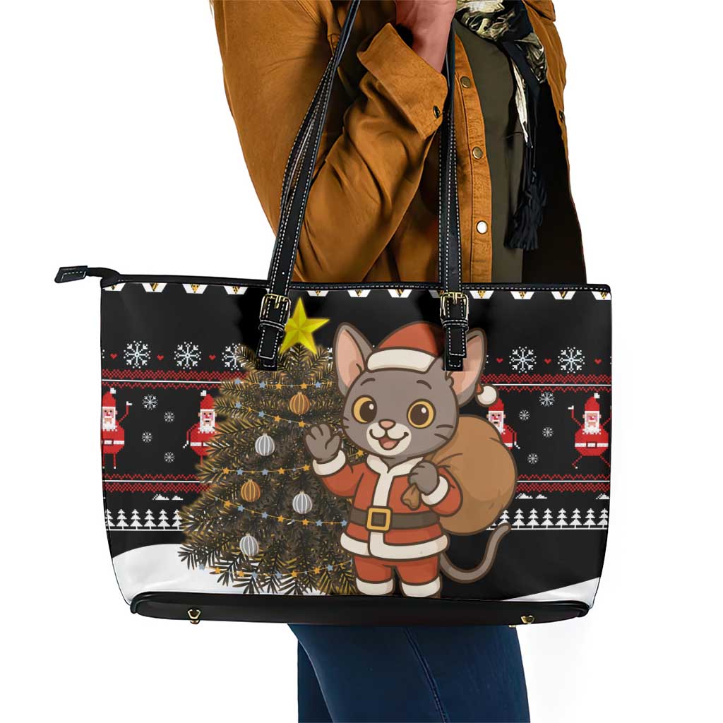 Egypt Christmas Leather Tote Bag Santa Cat Sleigh Reindeer Christmas Tree and Ancient Hieroglyphic - African Pride