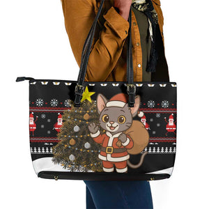Egypt Christmas Leather Tote Bag Santa Cat Sleigh Reindeer Christmas Tree and Ancient Hieroglyphic - African Pride