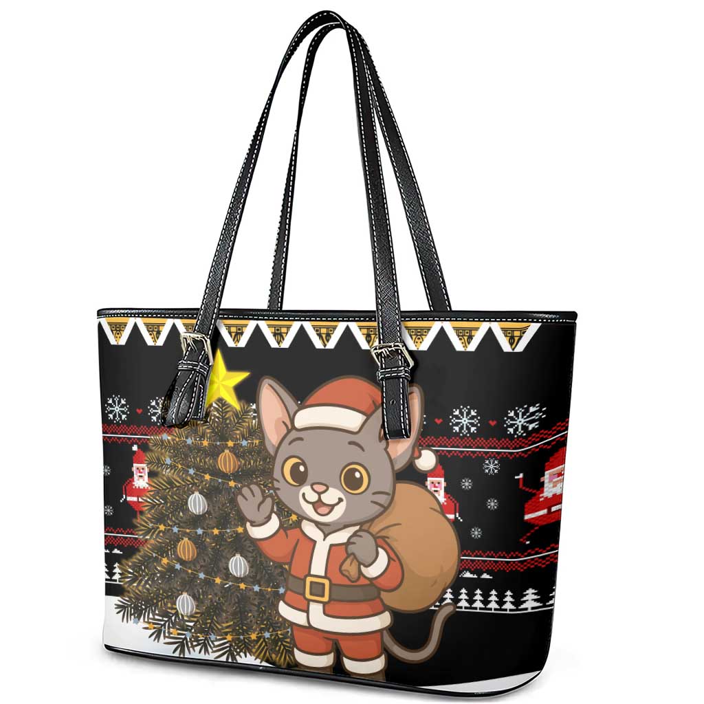 Egypt Christmas Leather Tote Bag Santa Cat Sleigh Reindeer Christmas Tree and Ancient Hieroglyphic - African Pride