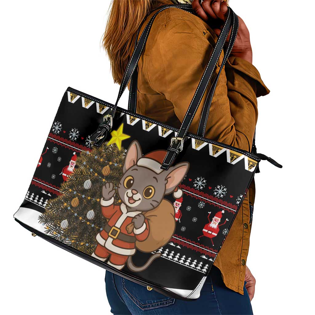 Egypt Christmas Leather Tote Bag Santa Cat Sleigh Reindeer Christmas Tree and Ancient Hieroglyphic - African Pride