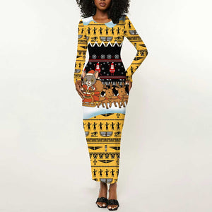 Egypt Christmas Long Sleeve Bodycon Dress Santa Cat Sleigh Reindeer Christmas Tree and Ancient Hieroglyphic - African Pride
