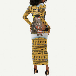 Egypt Christmas Long Sleeve Bodycon Dress Santa Cat Sleigh Reindeer Christmas Tree and Ancient Hieroglyphic - African Pride