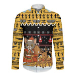 Egypt Christmas Long Sleeve Button Shirt Santa Cat Sleigh Reindeer Christmas Tree and Ancient Hieroglyphic - African Pride
