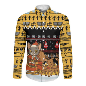 Egypt Christmas Long Sleeve Button Shirt Santa Cat Sleigh Reindeer Christmas Tree and Ancient Hieroglyphic - African Pride