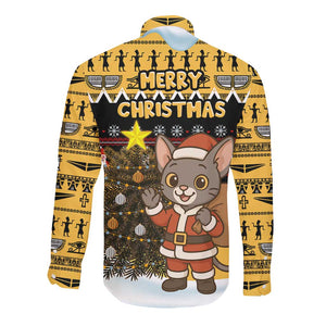 Egypt Christmas Long Sleeve Button Shirt Santa Cat Sleigh Reindeer Christmas Tree and Ancient Hieroglyphic - African Pride