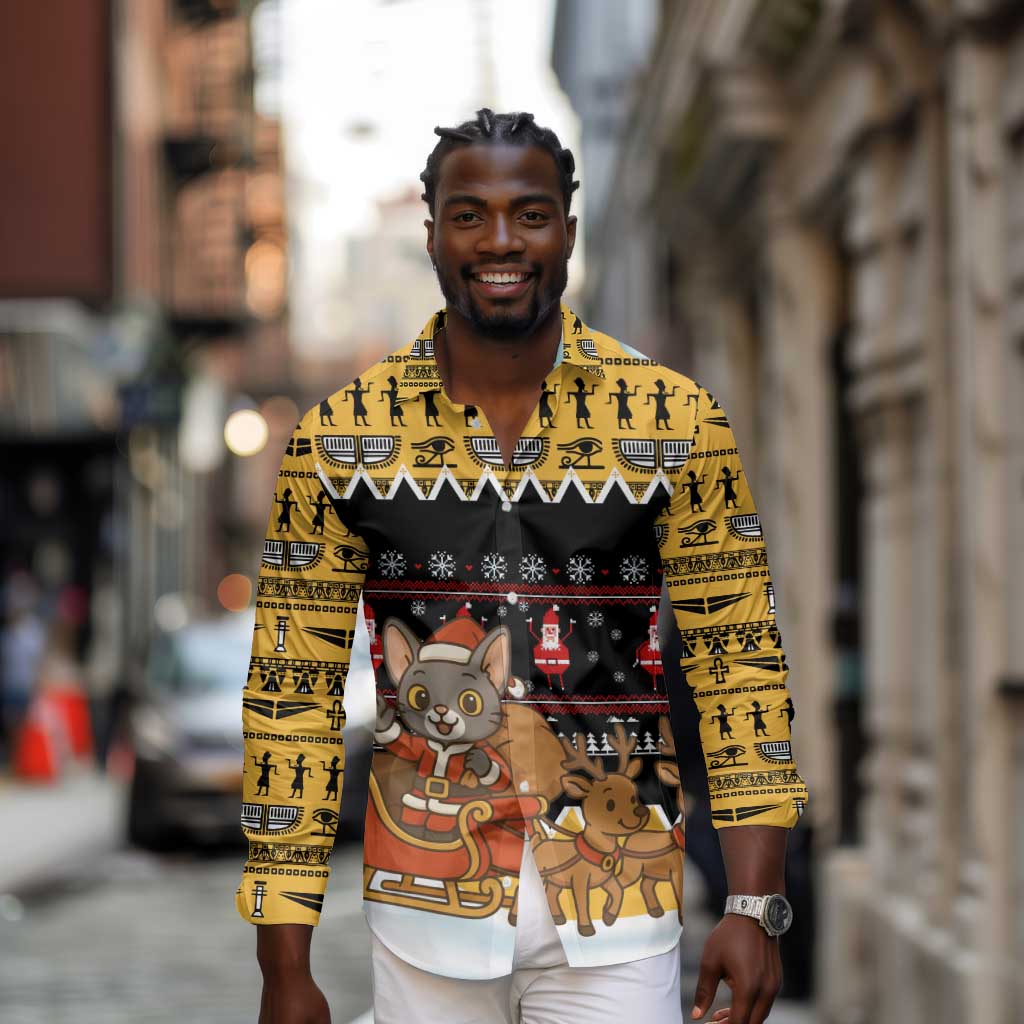 Egypt Christmas Long Sleeve Button Shirt Santa Cat Sleigh Reindeer Christmas Tree and Ancient Hieroglyphic - African Pride
