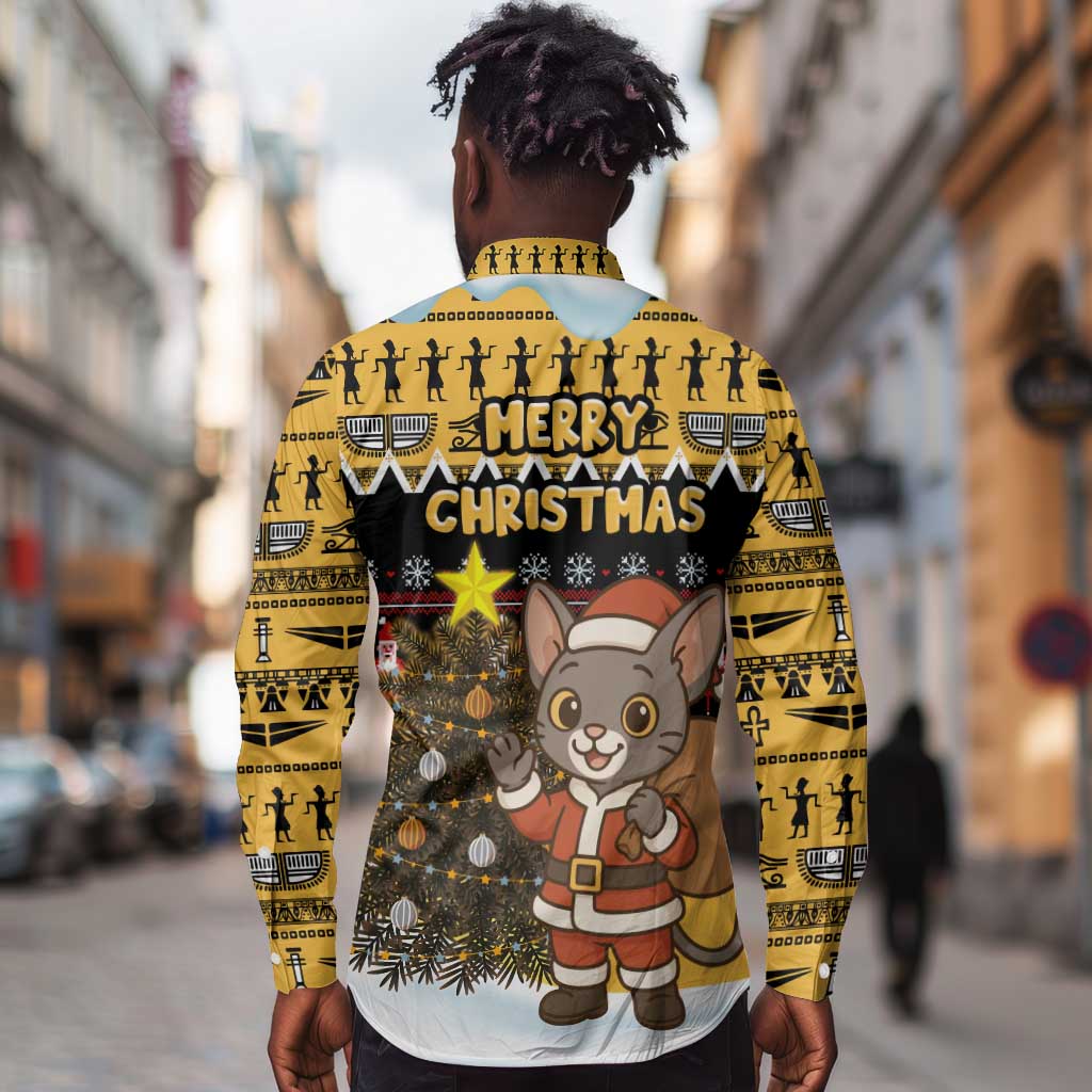 Egypt Christmas Long Sleeve Button Shirt Santa Cat Sleigh Reindeer Christmas Tree and Ancient Hieroglyphic - African Pride