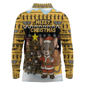 Egypt Christmas Long Sleeve Polo Shirt Santa Cat Sleigh Reindeer Christmas Tree and Ancient Hieroglyphic - African Pride