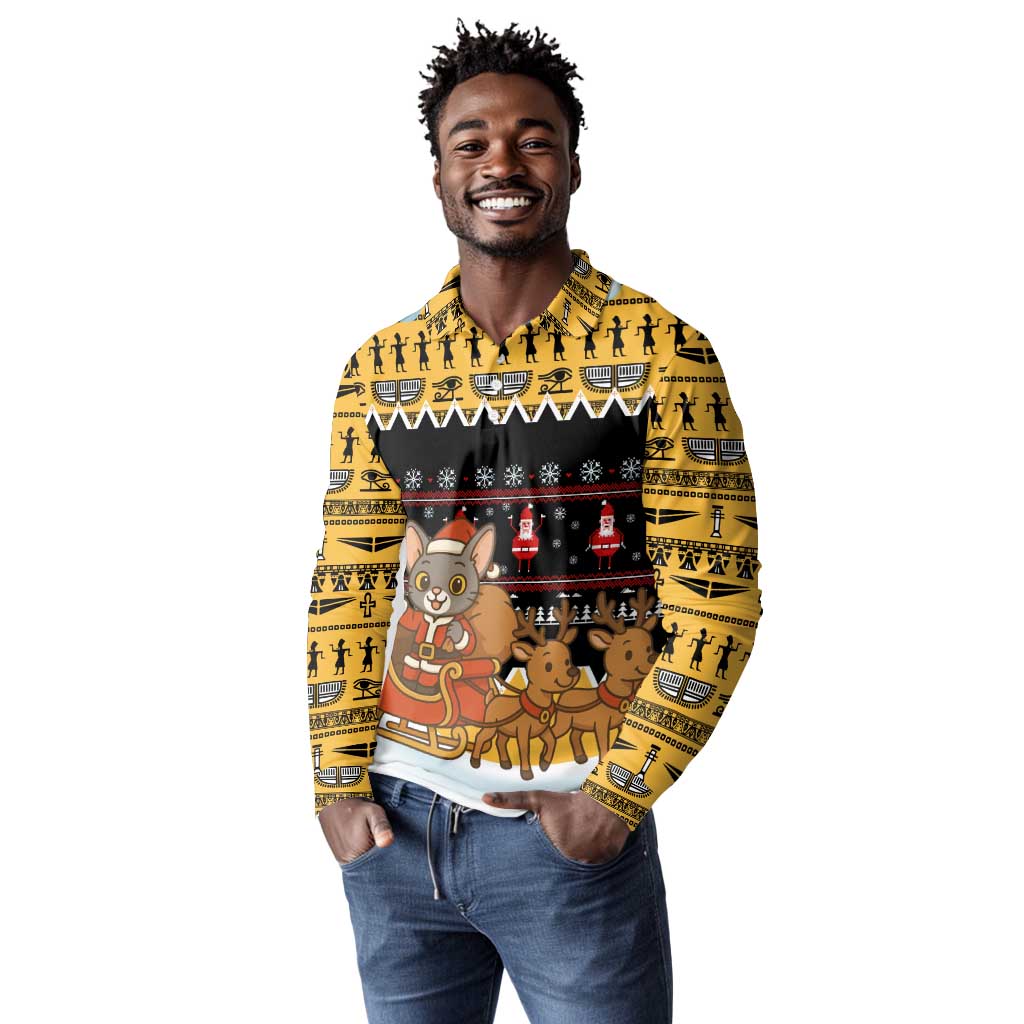 Egypt Christmas Long Sleeve Polo Shirt Santa Cat Sleigh Reindeer Christmas Tree and Ancient Hieroglyphic - African Pride