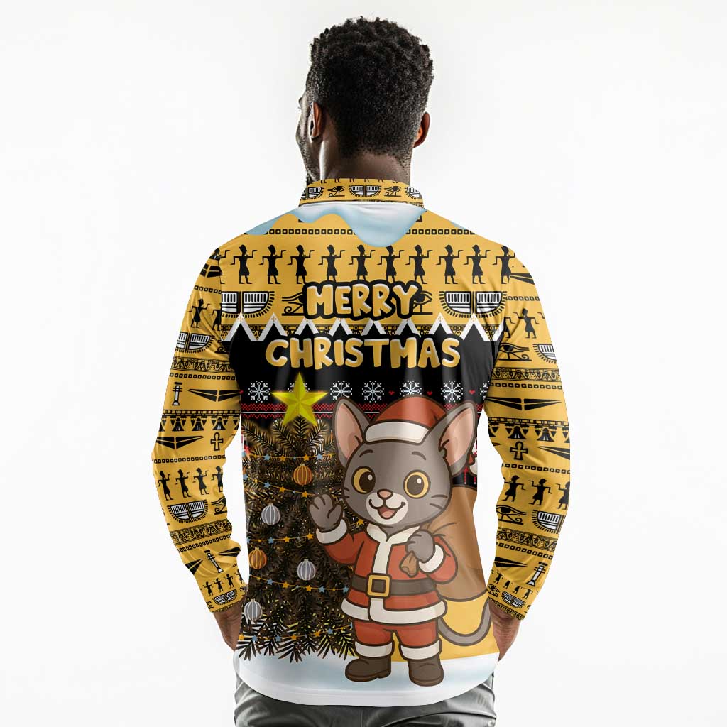 Egypt Christmas Long Sleeve Polo Shirt Santa Cat Sleigh Reindeer Christmas Tree and Ancient Hieroglyphic - African Pride