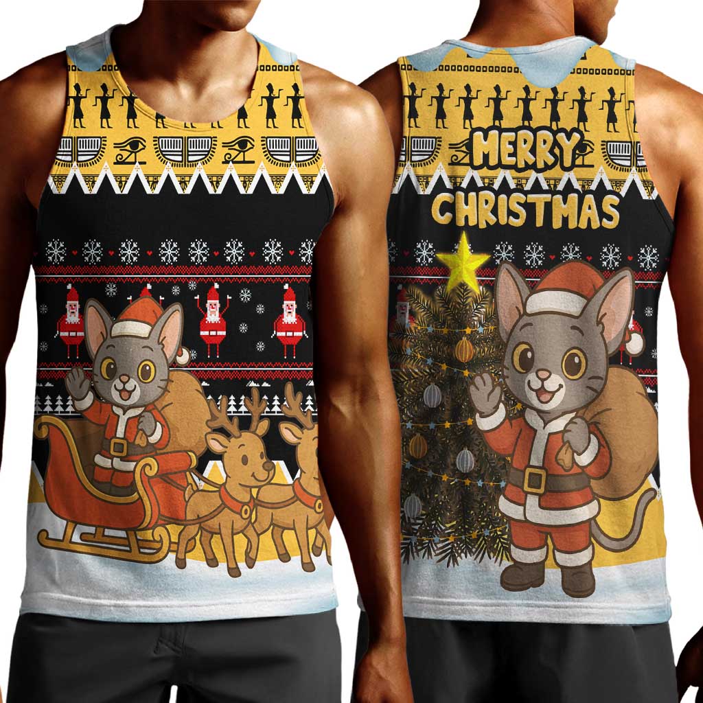 Egypt Christmas Men Tank Top Santa Cat Sleigh Reindeer Christmas Tree and Ancient Hieroglyphic - African Pride