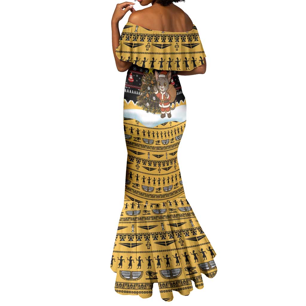 Egypt Christmas Mermaid Dress Santa Cat Sleigh Reindeer Christmas Tree and Ancient Hieroglyphic - African Pride