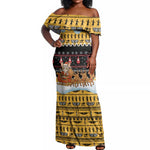 Egypt Christmas Off Shoulder Maxi Dress Santa Cat Sleigh Reindeer Christmas Tree and Ancient Hieroglyphic - African Pride
