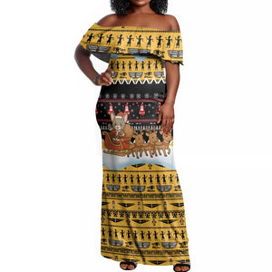Egypt Christmas Off Shoulder Maxi Dress Santa Cat Sleigh Reindeer Christmas Tree and Ancient Hieroglyphic - African Pride