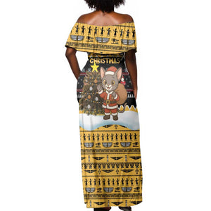 Egypt Christmas Off Shoulder Maxi Dress Santa Cat Sleigh Reindeer Christmas Tree and Ancient Hieroglyphic - African Pride