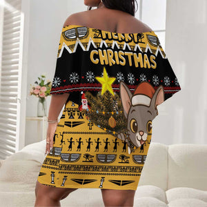 Egypt Christmas Off Shoulder Short Dress Santa Cat Sleigh Reindeer Christmas Tree and Ancient Hieroglyphic - African Pride