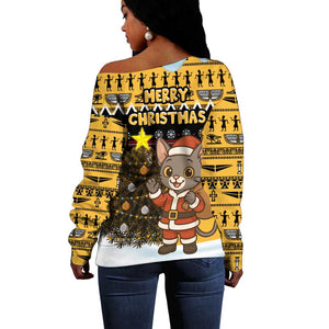 Egypt Christmas Off Shoulder Sweater Santa Cat Sleigh Reindeer Christmas Tree and Ancient Hieroglyphic - African Pride