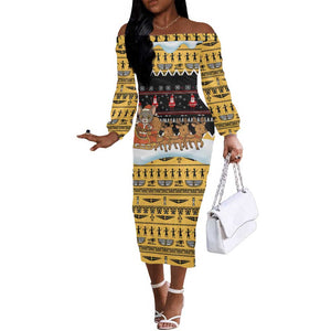 Egypt Christmas Off The Shoulder Long Sleeve Dress Santa Cat Sleigh Reindeer Christmas Tree and Ancient Hieroglyphic - African Pride