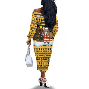 Egypt Christmas Off The Shoulder Long Sleeve Dress Santa Cat Sleigh Reindeer Christmas Tree and Ancient Hieroglyphic - African Pride