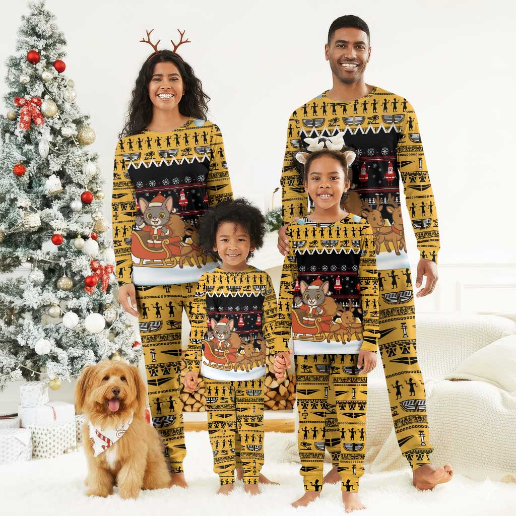 Egypt Christmas Pajama Set Santa Cat Sleigh Reindeer Christmas Tree and Ancient Hieroglyphic - African Pride