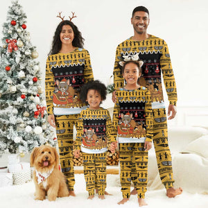 Egypt Christmas Pajama Set Santa Cat Sleigh Reindeer Christmas Tree and Ancient Hieroglyphic - African Pride