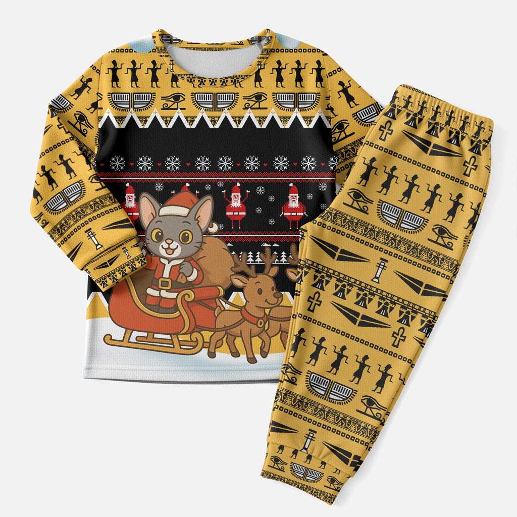 Egypt Christmas Pajama Set Santa Cat Sleigh Reindeer Christmas Tree and Ancient Hieroglyphic - African Pride