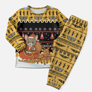 Egypt Christmas Pajama Set Santa Cat Sleigh Reindeer Christmas Tree and Ancient Hieroglyphic - African Pride