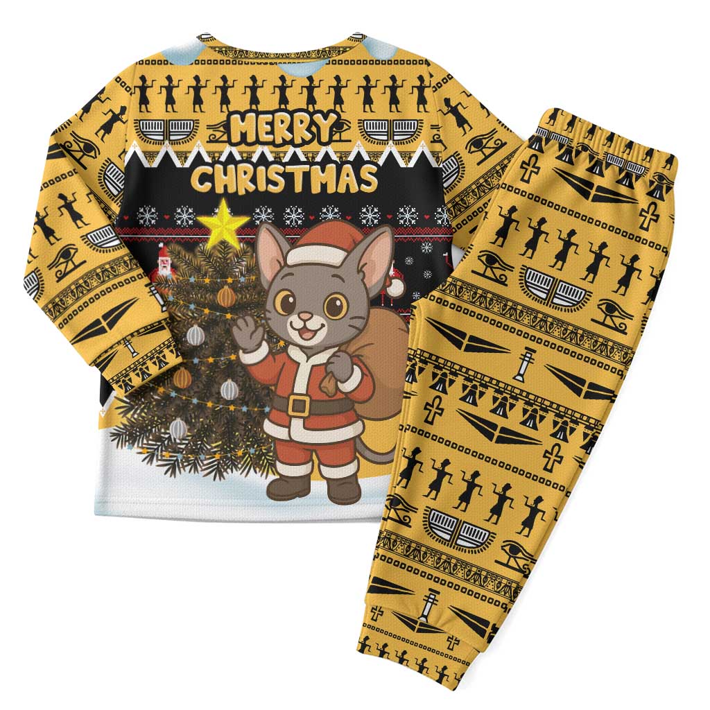 Egypt Christmas Pajama Set Santa Cat Sleigh Reindeer Christmas Tree and Ancient Hieroglyphic - African Pride