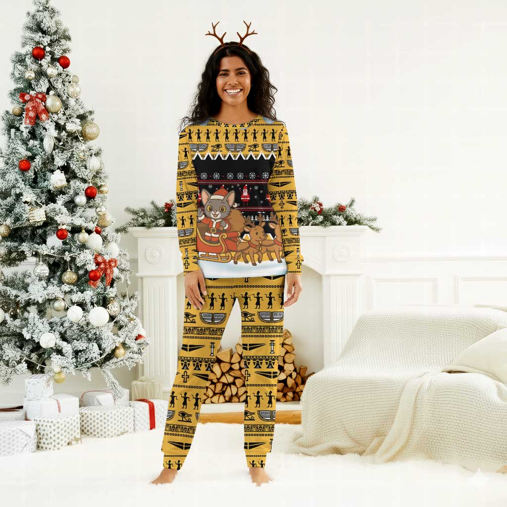 Egypt Christmas Pajama Set Santa Cat Sleigh Reindeer Christmas Tree and Ancient Hieroglyphic - African Pride