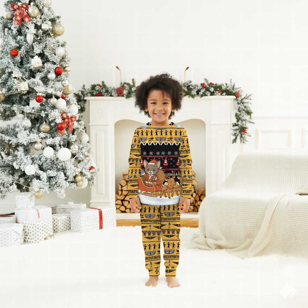 Egypt Christmas Pajama Set Santa Cat Sleigh Reindeer Christmas Tree and Ancient Hieroglyphic - African Pride