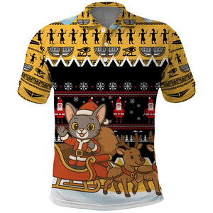 Egypt Christmas Polo Shirt Santa Cat Sleigh Reindeer Christmas Tree and Ancient Hieroglyphic - African Pride