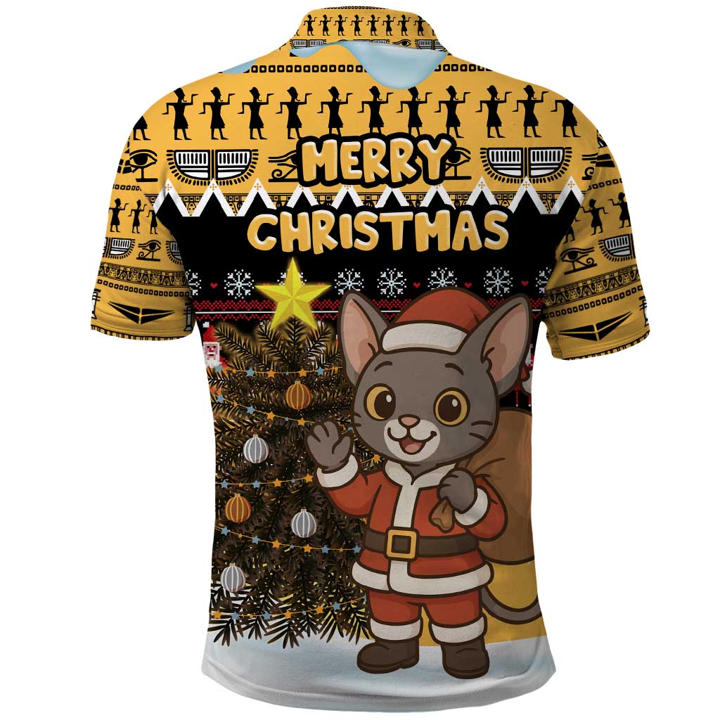 Egypt Christmas Polo Shirt Santa Cat Sleigh Reindeer Christmas Tree and Ancient Hieroglyphic - African Pride