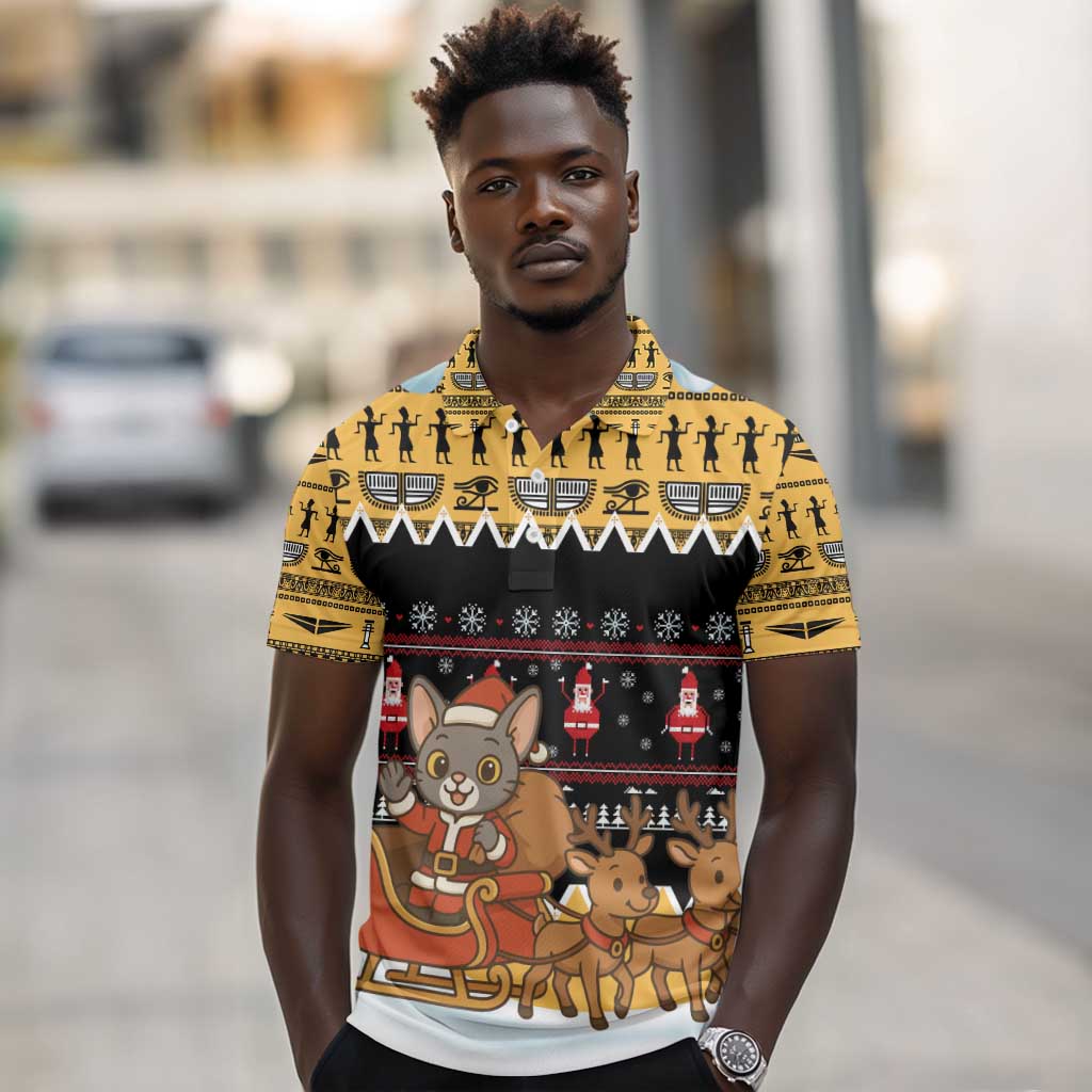 Egypt Christmas Polo Shirt Santa Cat Sleigh Reindeer Christmas Tree and Ancient Hieroglyphic - African Pride