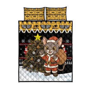 Egypt Christmas Quilt Bed Set Santa Cat Sleigh Reindeer Christmas Tree and Ancient Hieroglyphic - African Pride