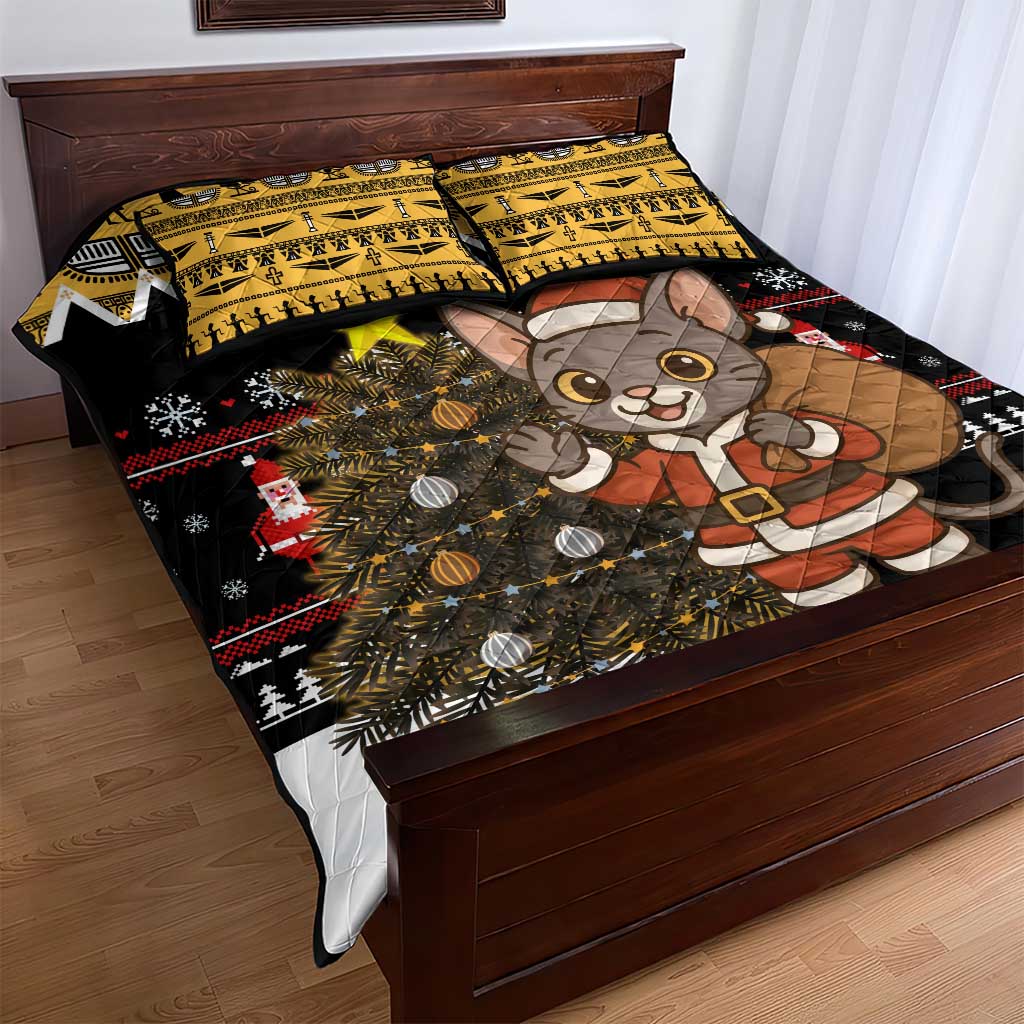 Egypt Christmas Quilt Bed Set Santa Cat Sleigh Reindeer Christmas Tree and Ancient Hieroglyphic - African Pride