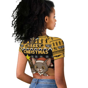 Egypt Christmas Raglan Cropped T shirt Santa Cat Sleigh Reindeer Christmas Tree and Ancient Hieroglyphic - African Pride