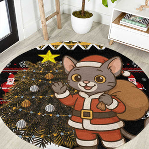 Egypt Christmas Round Carpet Santa Cat Sleigh Reindeer Christmas Tree and Ancient Hieroglyphic - African Pride