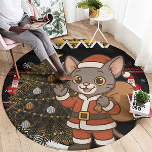 Egypt Christmas Round Carpet Santa Cat Sleigh Reindeer Christmas Tree and Ancient Hieroglyphic - African Pride