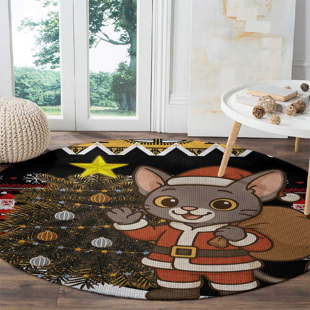Egypt Christmas Round Carpet Santa Cat Sleigh Reindeer Christmas Tree and Ancient Hieroglyphic - African Pride
