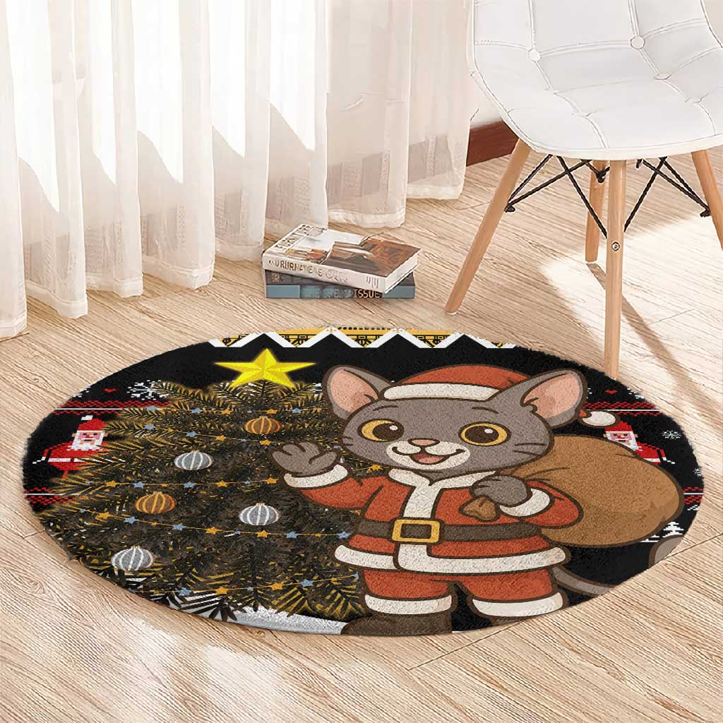 Egypt Christmas Round Carpet Santa Cat Sleigh Reindeer Christmas Tree and Ancient Hieroglyphic - African Pride