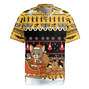 Egypt Christmas Rugby Jersey Santa Cat Sleigh Reindeer Christmas Tree and Ancient Hieroglyphic - African Pride