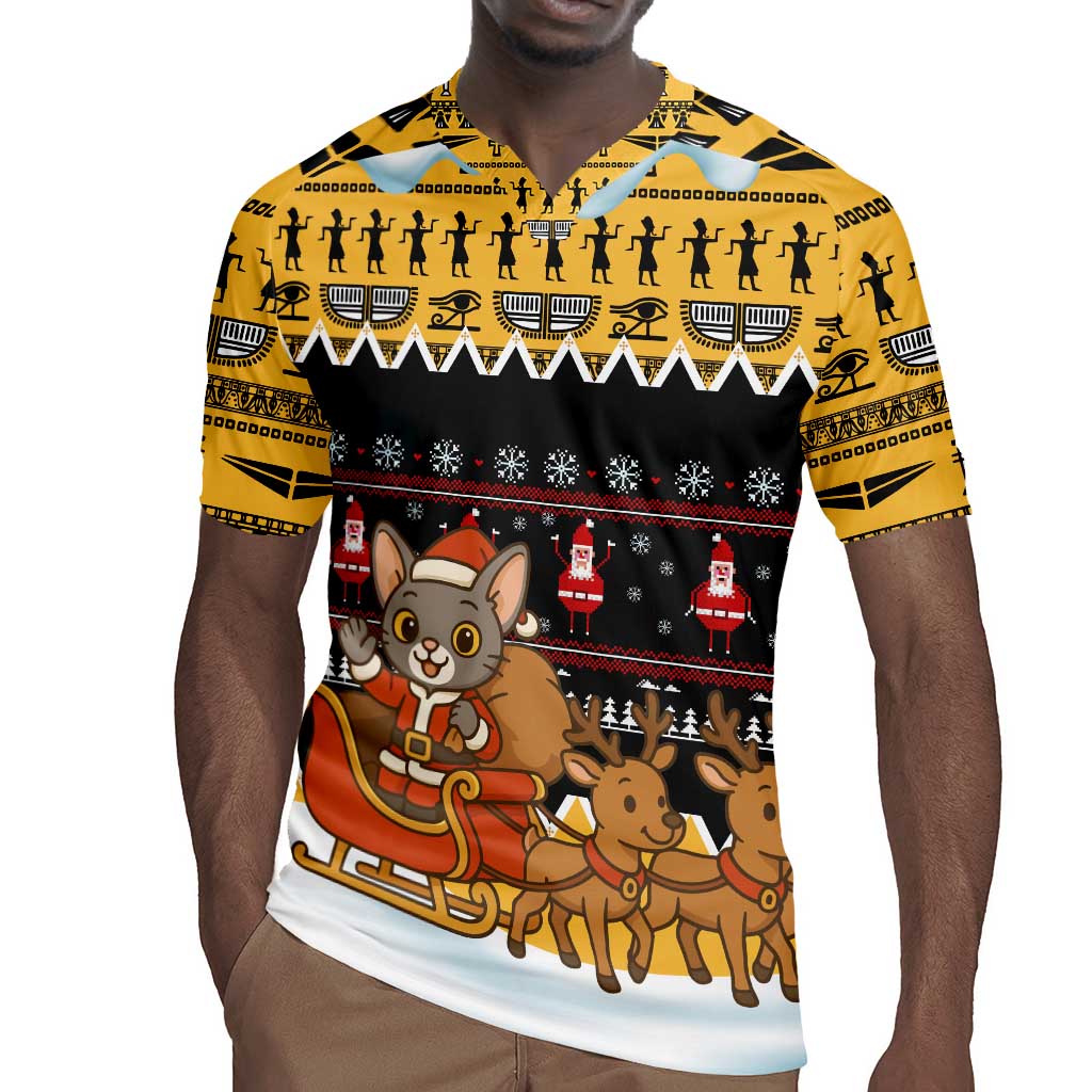 Egypt Christmas Rugby Jersey Santa Cat Sleigh Reindeer Christmas Tree and Ancient Hieroglyphic - African Pride