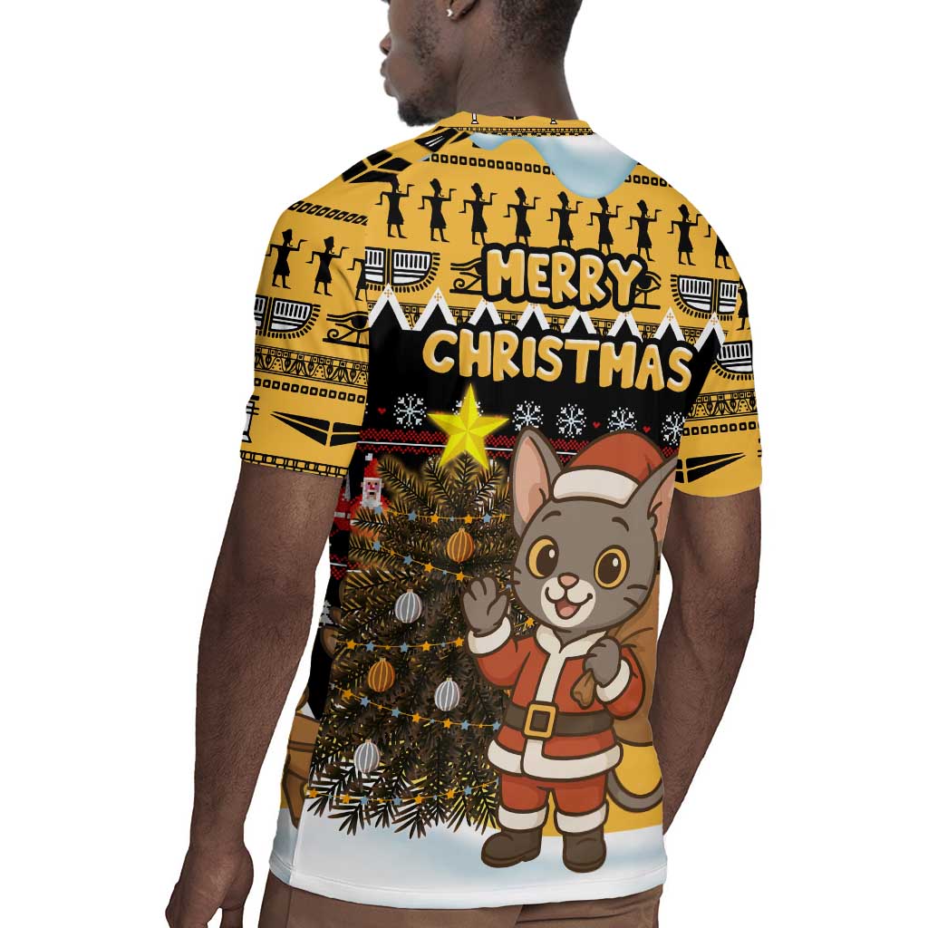 Egypt Christmas Rugby Jersey Santa Cat Sleigh Reindeer Christmas Tree and Ancient Hieroglyphic - African Pride