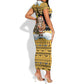 Egypt Christmas Short Sleeve Bodycon Dress Santa Cat Sleigh Reindeer Christmas Tree and Ancient Hieroglyphic - African Pride