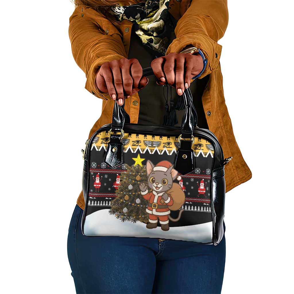 Egypt Christmas Shoulder Handbag Santa Cat Sleigh Reindeer Christmas Tree and Ancient Hieroglyphic - African Pride